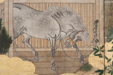 (détail) Printemps au Palais, paravent à six panneaux du Conte de Genji, c.1650